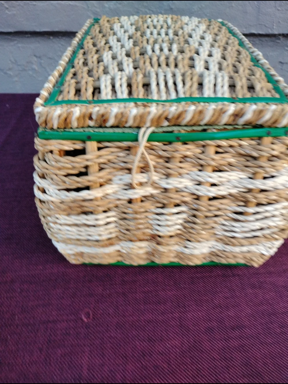 Vtg Wicker Sewing Basket Woven Beige  w/Green Lining Mid Century Made in Japan
